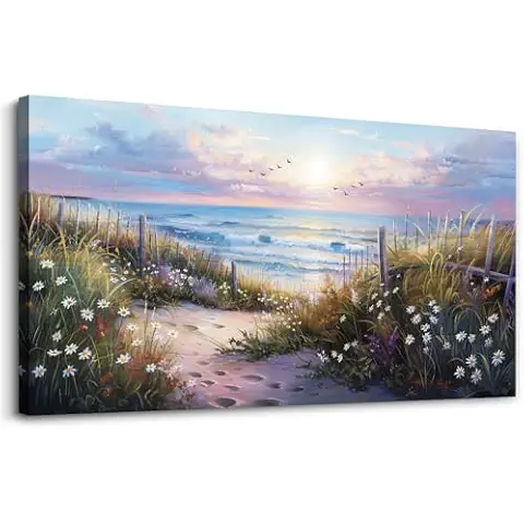 hyidecorart Canvas Wall Art For Living Room Wall DecorFor Bedroom Flower Beach Scenery Wall Painting Blue Ocean Pictures Artwork Office Decor Modern Framed Posters Home Decorations 20"X40" Cover