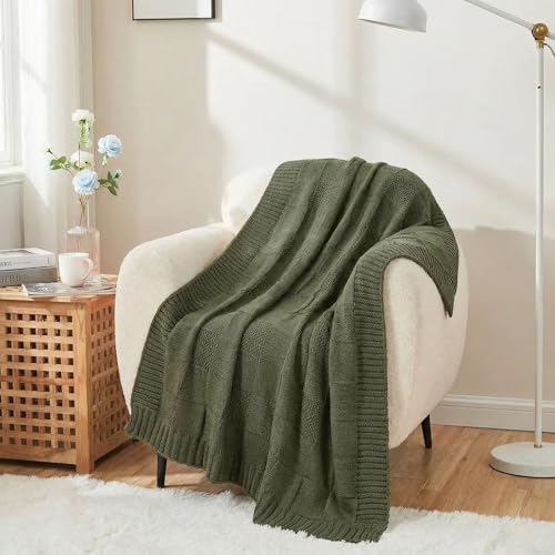 Ovelindra Checkered Knit Throw Blanket Olive Green 50x60 Inches Soft Warm Knitted Blanket for Couch Sofa Bed Living Room Bedroom All Season Decorative Home Throw Cozy Gift Blanket