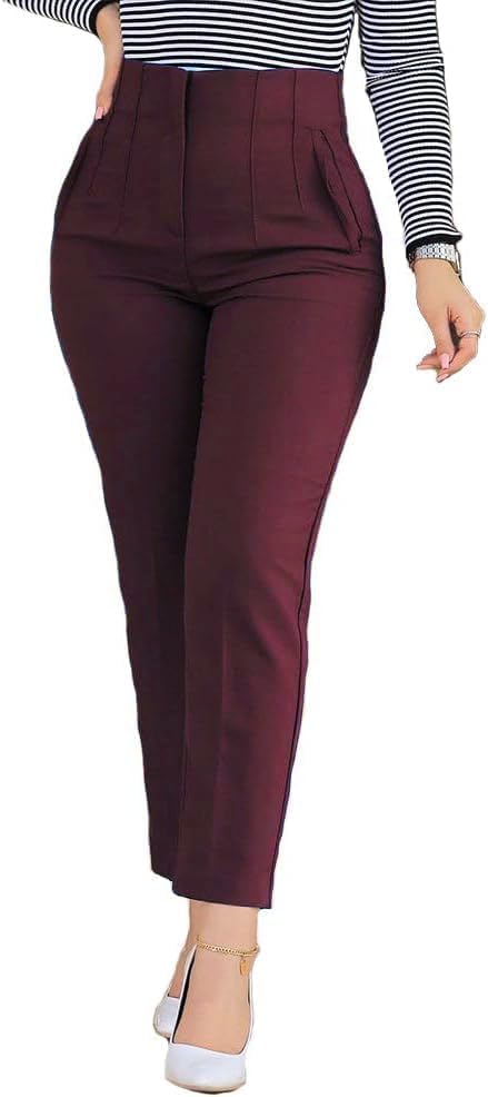 BIRW Womens High Waisted Pants 2026 Trendy Skinny Business Work Casual Pencil Trousers with Pockets Size Medium Burgundy