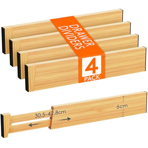 Lifewit Juego de 4 separadores de cajones ajustables de bambú, 6 cm de alto y 31 – 42 cm de largo, divisor de cajones, organizador de cajones para cocina, armarios, escritorio/tocador