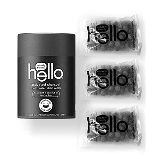 Hello Charcoal Toothpaste Tablets, Eco Friendly Toothpaste Tablets for Refilling with Active Charcoal, Fluoride Free, Fresh Mint Flavor, 3 Compostable Pouches, 180 Tablets Total