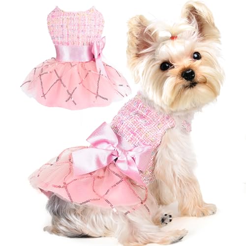 Yikeyo Pink Tulle Dog Dress for Small Dogs - Girlish Bow-tie Doggie Outfit for Birthday, Wedding & Holiday (Pink, X-Small)