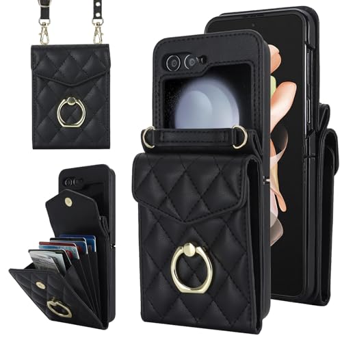 Coque Samsung Galaxy Z Flip 6 5G en cuir noir, élégance et anneau 360°