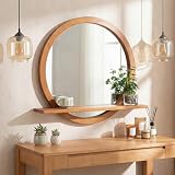 Vercraft 24 Inch Round Wall Mirror with Shelf Solid Wood Frame Rustic Circle Mirror Handcrafted for Entryway Bathroom or Living Room Decorative (Brown)