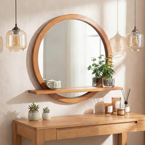 Vercraft 24 Inch Round Wall Mirror with Shelf Solid Wood Frame Rustic Circle Mirror Handcrafted for Entryway Bathroom or Living Room Decorative (Brown)