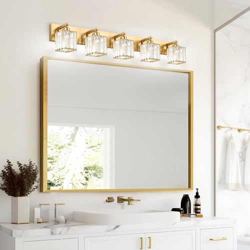 Image of Gold Crystal Bathroom Vanity Light, 5-Light Modern Bathroom Lighting Fixtures Over Mirror,Chrome Wall Sconce Light Fixtures with Square Shade