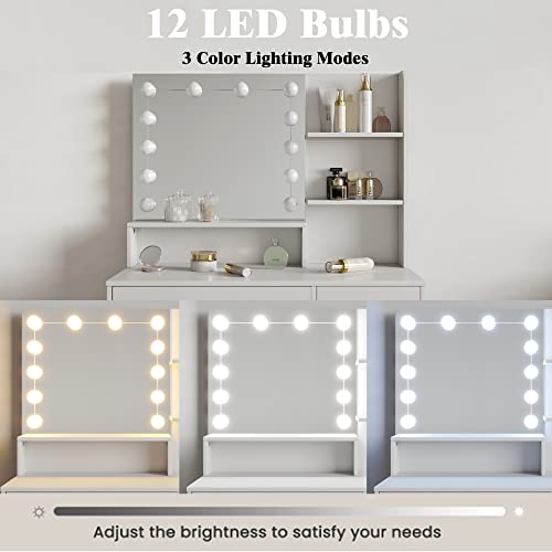 Furnideco 37" W Makeup Vanity With Lights,Vanity Desk With Chair, 5 Drawers Makeup Table With Lighted Mirror, 3 Lighting Colors,For Women Girls, White #TOP6