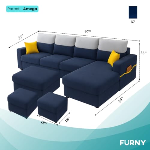 Image of Furny Tokiaa 8 Seater Fabric RHS L Shape Sofa Set with 1 Centre Table & 2 Puffy (Blue) | Soft Velvet Fabric | Modern Design | Comfortable Seating | Living Room Furniture