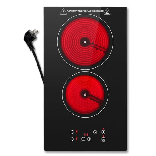 KICHPOWER Plaque Vitrocéramique 2 feux, Plaque de cuisson electrique 30cm, Electrique Plaque Encastrable, Commande Tactile, 3000W 9 Niveaux de puissance,...