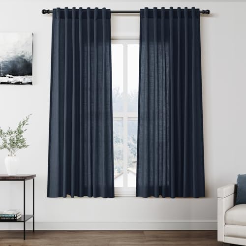 Image of Vintage Blue Curtains 63 Inches Long 2 Panel Sets for Living Room Bedroom Light Filtering Linen Drapes for Kitchen Windows Rod Pocket Back Tab Short See Through Curtain Vintage Country Decor 52x63