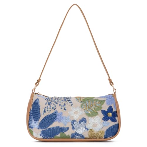 Oweisong Women Floral Beaded Purses Summer Hobo Embroidered Shoulder Bag Leather Sequin Top Handle Underarm Handbag
