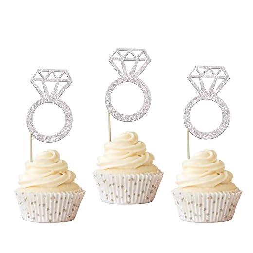 Rsstarxi 24 Pack Diamond Ring Cupcake Toppers Glitter Bridal Shower Wedding Ring Cupcake Picks for Marriage Wedding Engagement Anniversary Valentines Party Cake Decorations Supplies Silver