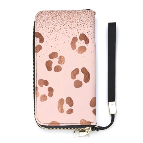 FOSKERV Adult Clutch Wallet for Men Women, Large Capacity Long Wallets Card Holder for Coins, Cash, Phone, Versatile Travel Wallet, Rose Gold Glitter Pattern Pink Cheetah Leopard Print