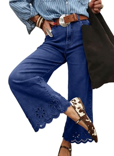 Sidefeel Women's Wide Leg Embroidered Jeans – Bluing, Size 16 – Trendy Comfort Fit