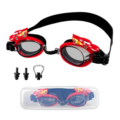 Occhialini da Nuoto Cars per Bambini 3-12 Anni, Occhialini Piscina Anti Appannamento Regolabili, Nasello Flessibile e Protezione UV, con Tappi per Orecchie, Clip per Naso e Custodia