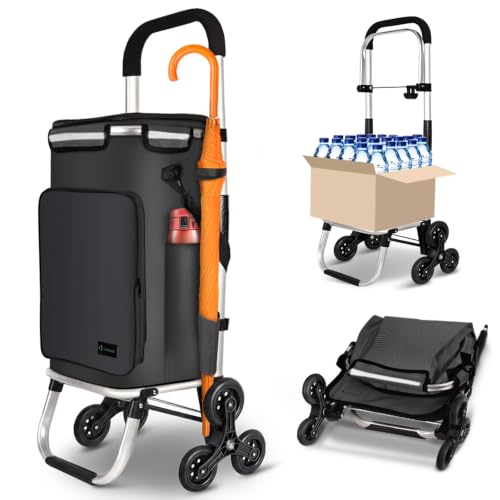 VOUNOT® Carrito Compra Plegable de Aluminio, Carro de la Compra 6 Ruedas con Bolsa Impermeable Desmontable y Ganchos, 60L, Negro