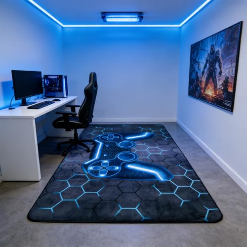 Komergave Gaming Teppich, rutschfest Kristall-Samt Gamer Teppich, Cooler Blauer Gamecontroller Teppich Gaming Zimmer für Jungen, Jugendzimmer Deko Jungen, 80x120cm