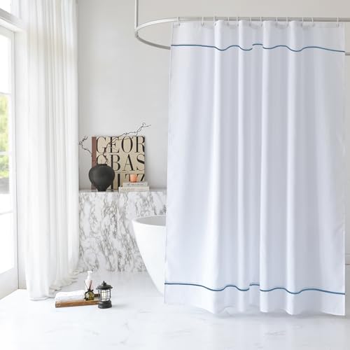 youngseahome White Shower Curtain with Water Blue Border, Modern Chic Faux Linen Fabric Shower Curtains for Bathroom and Hotel,72 x 72 Inches