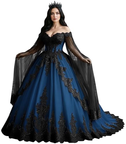 Mouccy Gothic Navy Blue Wedding Dress with Train 2026 Lace Prom Dress