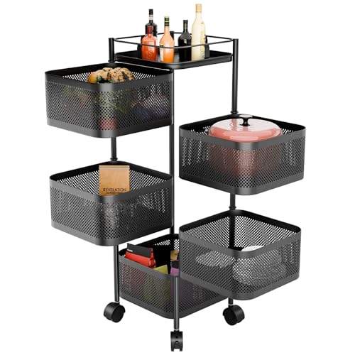 Estante giratorio de almacenamiento de verduras de 5 niveles con tapa superior, carrito cuadrado negro con ruedas para cocina y hogar.