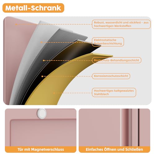 SUPEER Metall Aktenschrank Büro mit Einzeltür,Ordnerschrank 88x40x35 cm, 2 höhenverstellbare Ablagen,Robustes Metallspind für Dokumente, Akten & Bürozubehö(pink)