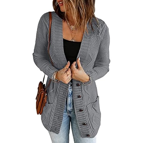 Roskiky Women's Open Front Buttons Cardigan Long Cable Knit Sweater Dark Grey Size L Cover