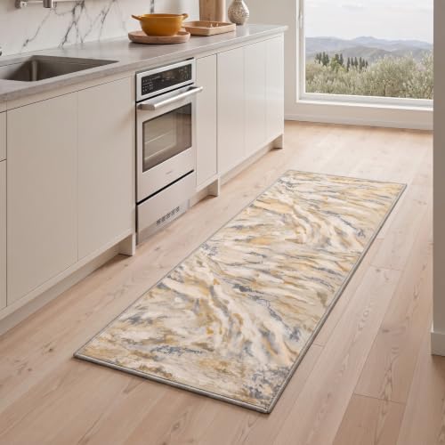 BEIMO 2x7 Abstract Greige Gold Runner Rug, Washable Non Slip for Hallway