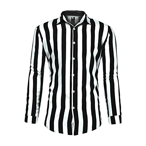 Men Casual Striped Button Down Shirts Long Sleeve Slim Fit Beach Shirt Fall Regular Fit Business Dress Shirt Top (Black,3X-Large)
