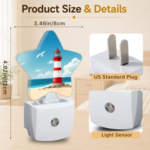 Image of Sea Lighthouse Star Night Light Plug in, Decorative Night Light for Kids Room Nursery Bedroom, Soft Glow Sensor Lamp for Hallway Bathroom, Compact Energy Saving