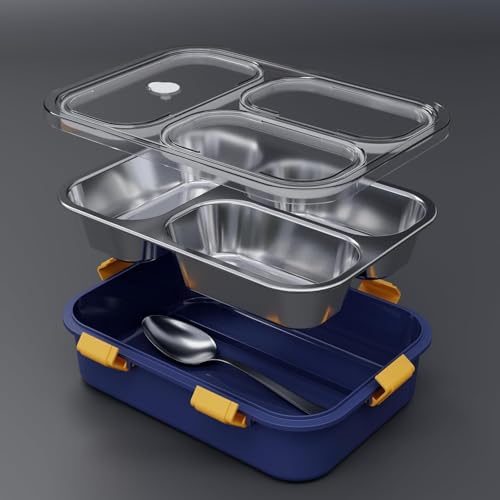 Image of Sanghariyat 3 Compartment Lunch Box Insulated Air Tight BPA Free Lunch Box, Stainless Steel 100% Leak Proof Lunch Containers with a Fork a Spoon and a Pair of Chopsticks for School Kids -750Ml (Blue)