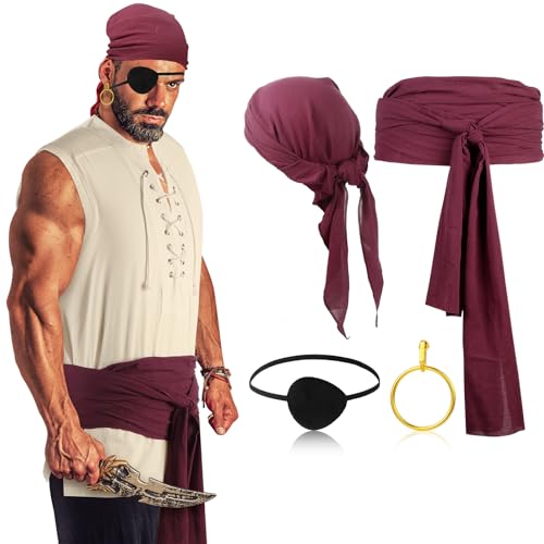 Boyiee Adult Pirate Costume Men Medieval Renaissance Shirt Pirate Bandana Sash Belt for Carnival Cosplay Party(Apricot,XL,Retro)