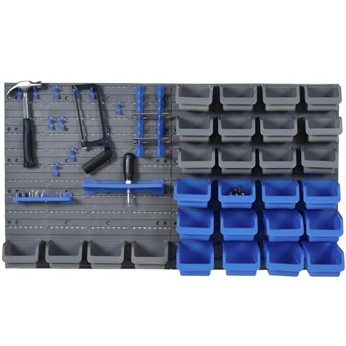 DURHAND Organizador de Herramientas de Pared de 44 Piezas 95x54 cm Estantería de Pared para Herramientas con 28 Cajas Apilables y Diferentes Ganchos Gris y Azul