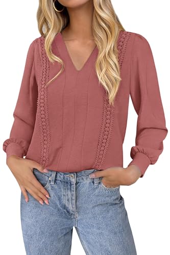 dowerme Womens Tops 2025 Fall V Neck T-Shirts Long Sleeve Shirts Lace Crochet Work Blouses Dressy Casual Loose Tunics(Pink,Medium)