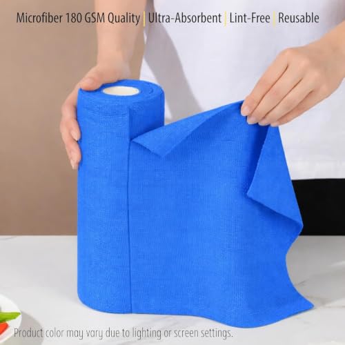 Image of Microfiber Cleaning Cloth Roll | Tear Away Sheets 12x12in | Pack of 5 Sheets per Roll | 200 GSM Reusable Washable Lint Free Towels for Kitchen & Car Cleaning, Multipurpose (Light Blue)