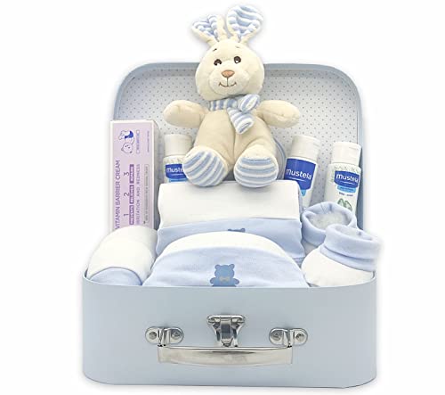 Canastilla Bebé Recién Nacido - Cesta Regalo para Niña y Niño - Productos de higiene para el viaje - Ropa de algodón hipoalergénico Gamberritos - Toallitas Dodot - Peluche y maleta (Azul)
