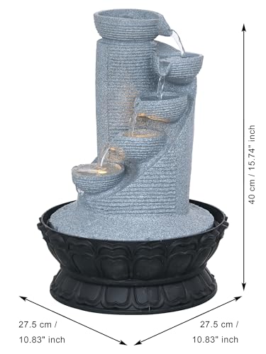 Image of CHRONIKLE Polyresin Grey Designer Table Top Indoor 5 Artistic Steps Waterfall Fountain with Yellow LED Lights & Water Flow Controller Pump (Size: 41 x 25 x 25 CM | Weight: 1980 gram | Color: Grey)