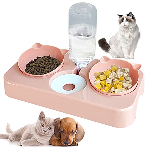 Gamelles Doubles pour Chat, Double Gamelle Chat Surélevée,Gamelle Chat para D'eau et de Nourriture 3 en 1 Distributeur D'eau Automatique Parfait Inclinable Cou de Protection pour Chat et Chien (Rose) Cover