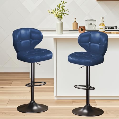 Image of Modern Bar Stools Set of 2, Adjustable Swivel Upholstered Full-Back Counter Height Bar Chairs for Kitchen Island, Dining Room, Bar Blue