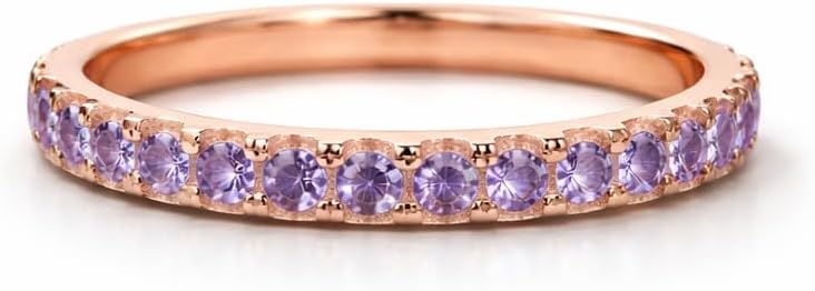 14K Rose Gold Wedding Band Dainty Purple Amethyst Stackable Ring Half Eternity Anniversary Band February Birthstone Promise Jewelry Gift for Her