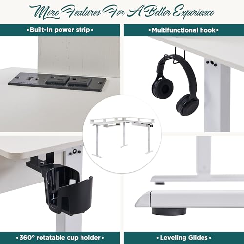 RedLemon 75X60 Inches L Shaped Electric Standing Desk, Height Adjustable Corner Gaming Desk with Drawers, Keyboard Tray, Power Outlets & LED Lights, Computer Desk with Monitor Shelf, Antique White