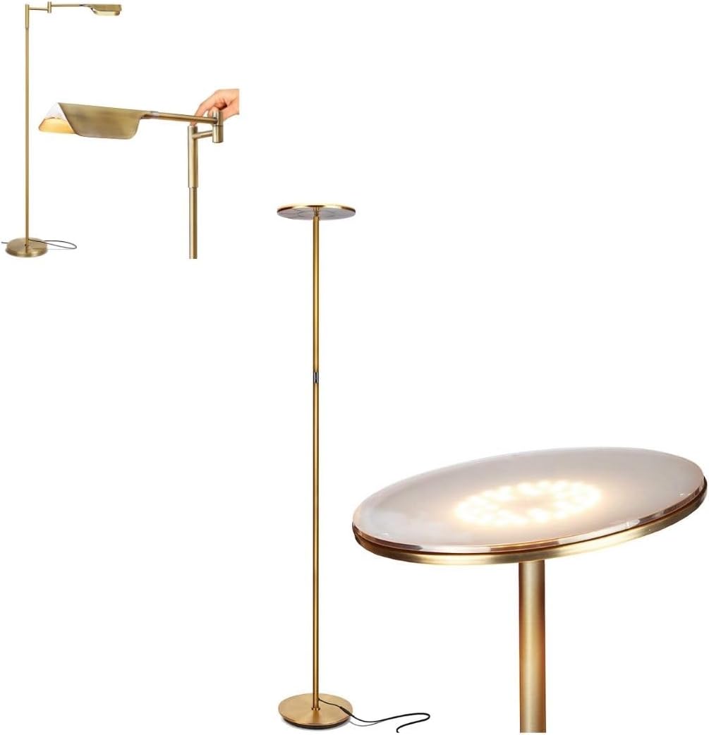 Brightech Bundle: Leaf LED Reading Floor Lamp BUNDLED with Sky LED Torchiere Floor Lamp - Antique Brass