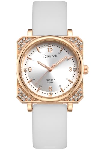 RUYEOOK Square Ladies Watch, Crystal Rhinestone,Waterproof Casual Dress Analog Quartz Wrist Watches for Nurse Female Women's (R8627 White)