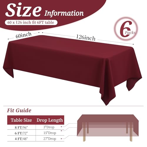 YMHPRIDE 6 Pack Burgundy Polyester Tablecloths, 60 x 126 inch, Rectangular, Stain & Wrinkle Resistant, Washable, 6FT Table Covers for Wedding, Party, Banquet by YMHPRIDE - Image 2
