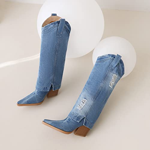 Image of Reitoye Cowboy Boots Women Knee High Cowgirl Embroidered Chunky Heel Boots | Block Chunky Heel,Pointed Toe,Half Side Zipper & Pull Tab,Embroidered Tall Boots,Fall Summer Spring Winter Dress Long Boots