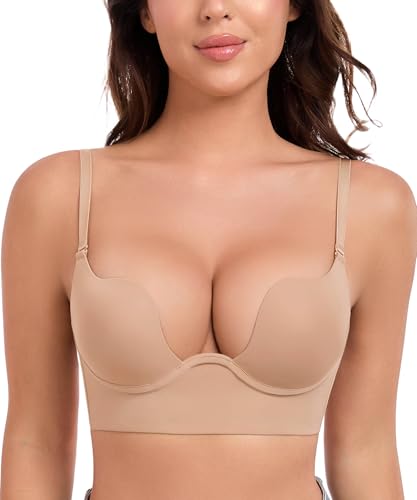Image of Lemorosy Plunge U Backless Push Up Bra Multiway Convertible Low Cut Lifting Support Underwire Bras for Women (36C,Beige)