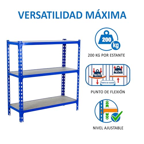 Simon Rack Schwerlastregal, 1000x1100x400 mm, Bis 200 kg Belastbar, 3 Verstellbare Ablagen, MDF-Platten, Kellerregal, Lagerregal, Blau/Holz - Simonclick