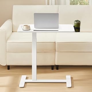 VASAGLE Overbed Table with Wheels, Small Standing Desk, 70 x 40 cm Tabletop, Adjustable Height, 2 Cup Holders, Phone and Tablet Slot, Cloud White LSD600W01