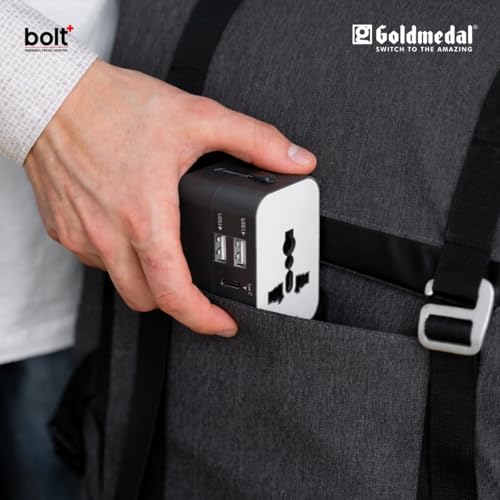 Image of Goldmedal Bolt + Universal Travel Adaptor | 2 Type A & 1 Type C USB Ports for Quick Charging | Supports Variety of Plug Types| Perfect for International Travel - Black & White | For Home & Office, Supports Variety of Plug Types| Perfect for International Travel - Black & White