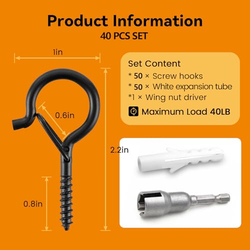 Image of TAIHUIMY 50 PCS Q-Hanger Hooks with Safety Buckle, Windproof Screw Wall Ceiling Hooks for Outdoor String Lights Hanging Christmas Lights, Plants, with 1 Wing Nut Driver (Black, 50 Pack)