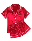 Ekouaer Womens Silk Satin Pajama Sets Soft Short Sleeve Button Down Sleepwear Top and Shorts 2 Piece Pjs Lounge Set,Red,S